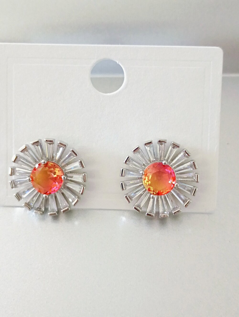 New Sunburst Pink-Orange CZ Stud Earrings
